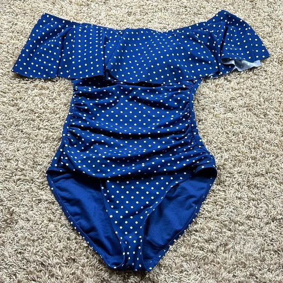 Lauren Ralph Lauren- Women’s off the Shoulder Polka Dot One Piece - Size 2 - Picture 3 of 6